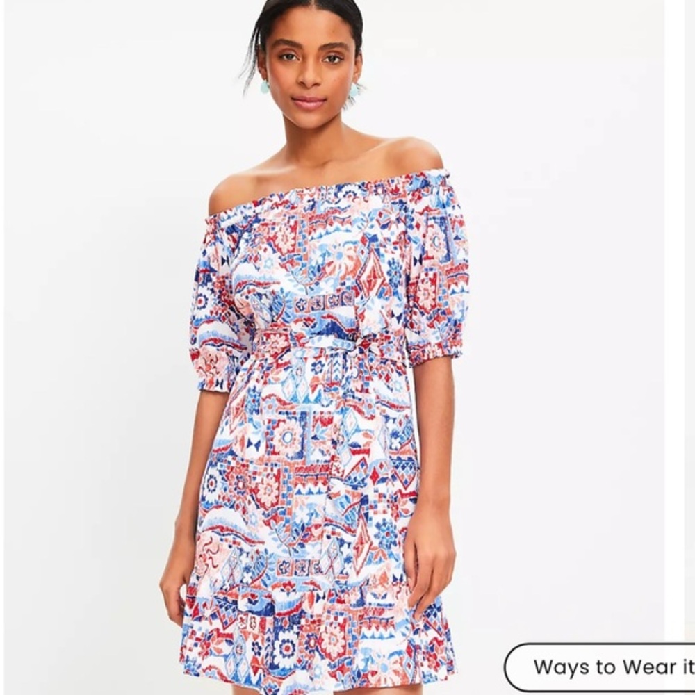 Loft print off shoulder mini dress. SP. NWT